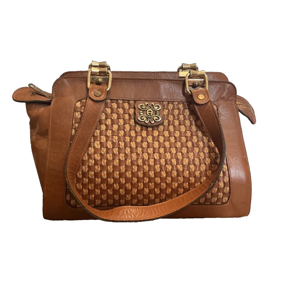 Vintage Etienne Aigner Shoulder Purse Brown Leather Basketweave Brass Logo Bag